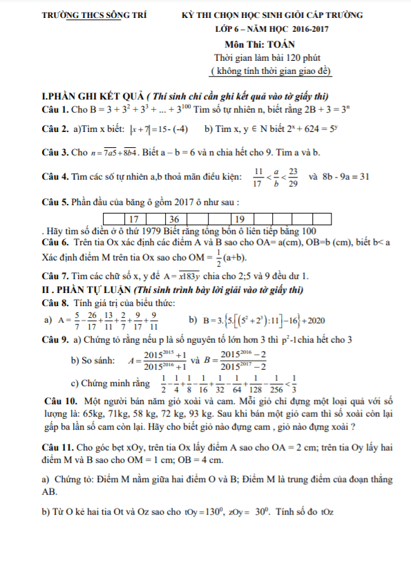 Đề học sinh giỏi lớp 6 môn Toán cấp trường năm 2016 2017 trường THCS Sông Trí Hà Tĩnh