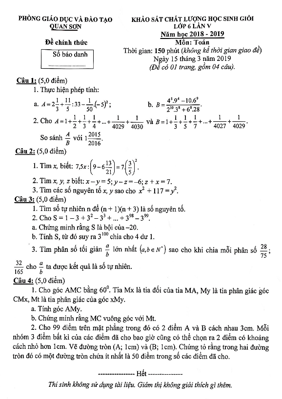 Đề học sinh giỏi lớp 6 môn Toán năm 2018 2019 lần 5 phòng GD ĐT Quan Sơn Thanh Hóa