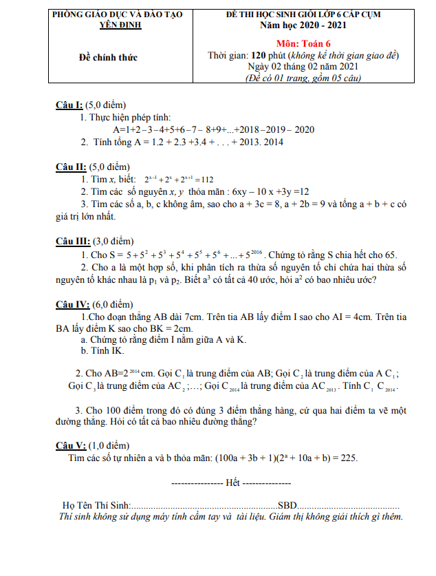 Đề học sinh giỏi lớp 6 môn Toán năm 2020 2021 phòng GD ĐT Yên Định Thanh Hóa