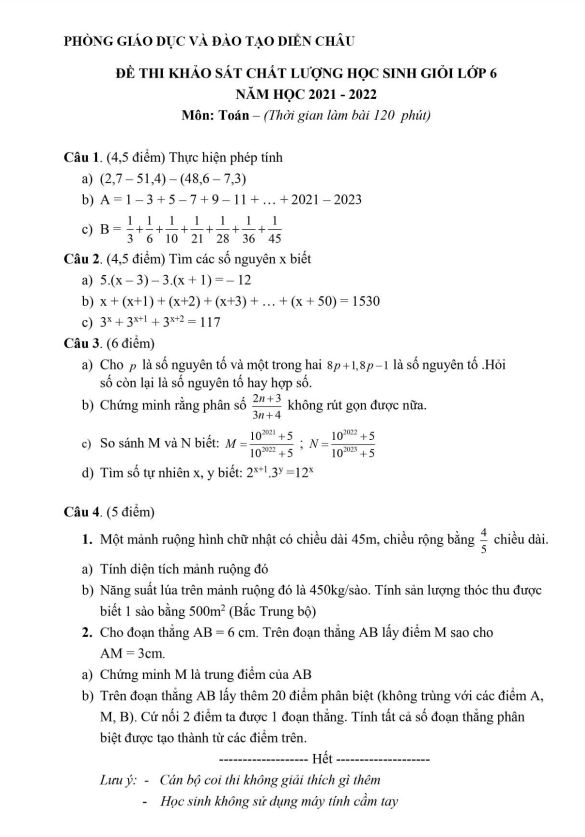 Đề học sinh giỏi lớp 6 môn Toán năm 2021 2022 phòng GD ĐT Diễn Châu Nghệ An