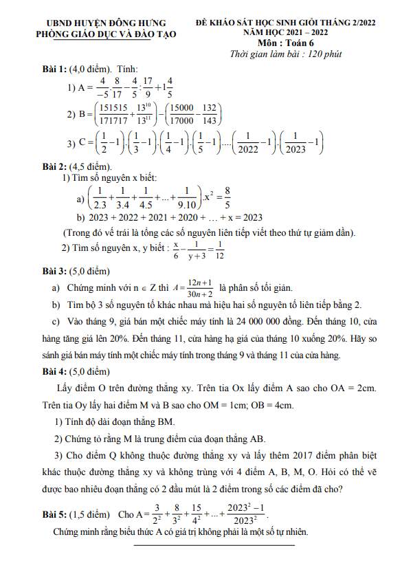 Đề học sinh giỏi lớp 6 môn Toán năm 2021 2022 phòng GD ĐT Đông Hưng Thái Bình