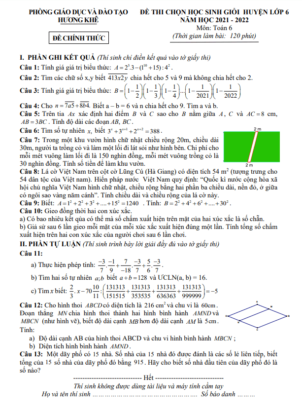 Đề học sinh giỏi lớp 6 môn Toán năm 2021 2022 phòng GD ĐT Hương Khê Hà Tĩnh