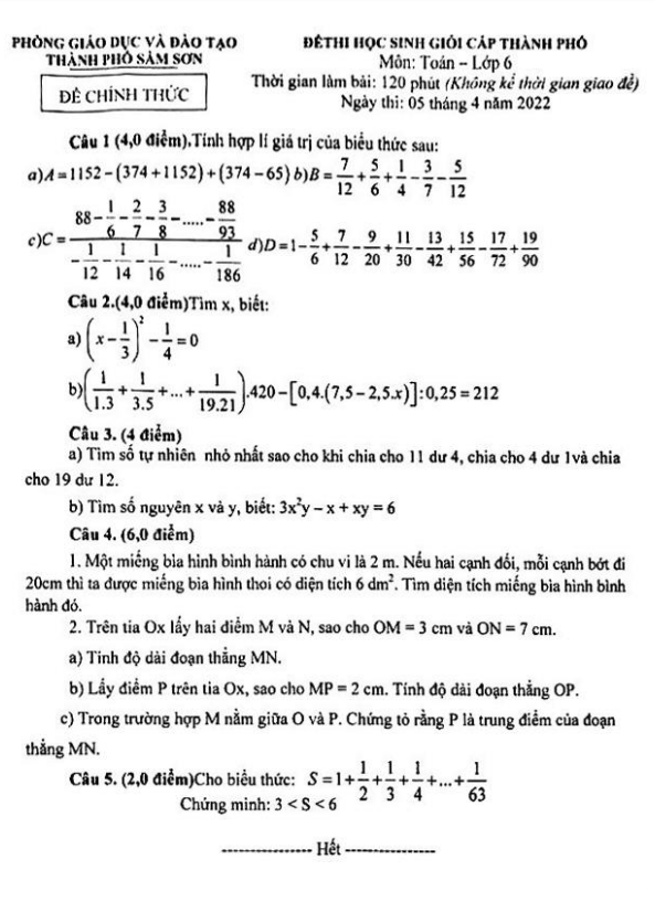 Đề học sinh giỏi lớp 6 môn Toán năm 2021 2022 phòng GD ĐT Sầm Sơn Thanh Hóa