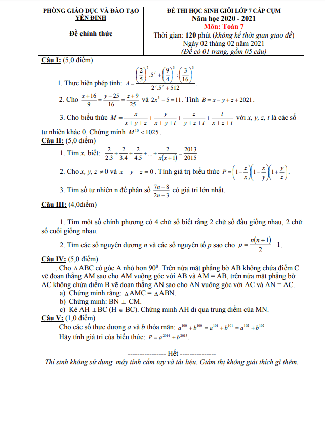 Đề học sinh giỏi lớp 7 môn Toán năm 2020 2021 phòng GD ĐT Yên Định Thanh Hóa