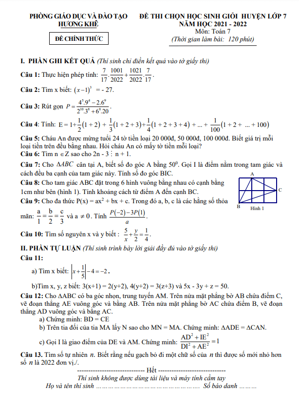 Đề học sinh giỏi lớp 7 môn Toán năm 2021 2022 phòng GD ĐT Hương Khê Hà Tĩnh