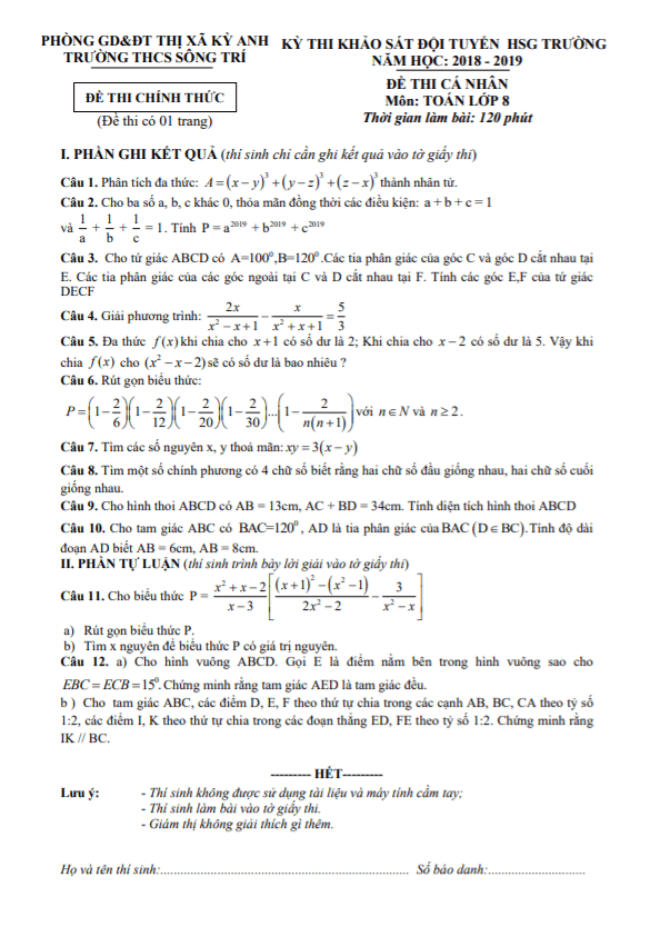 Đề học sinh giỏi lớp 8 môn Toán cấp trường năm 2018 2019 trường THCS Sông Trí Hà Tĩnh