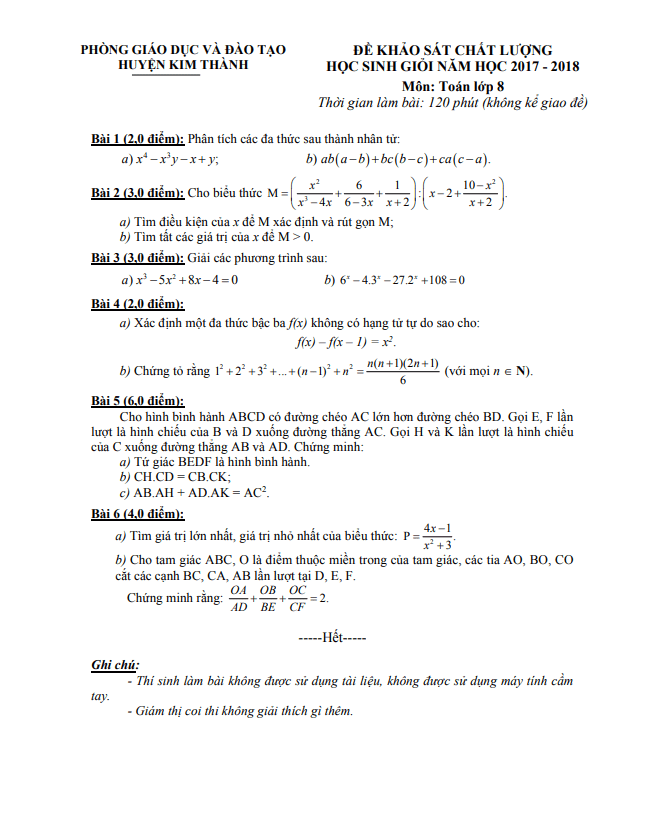 Đề học sinh giỏi lớp 8 môn Toán năm 2017 2018 phòng GD ĐT Kim Thành Hải Dương
