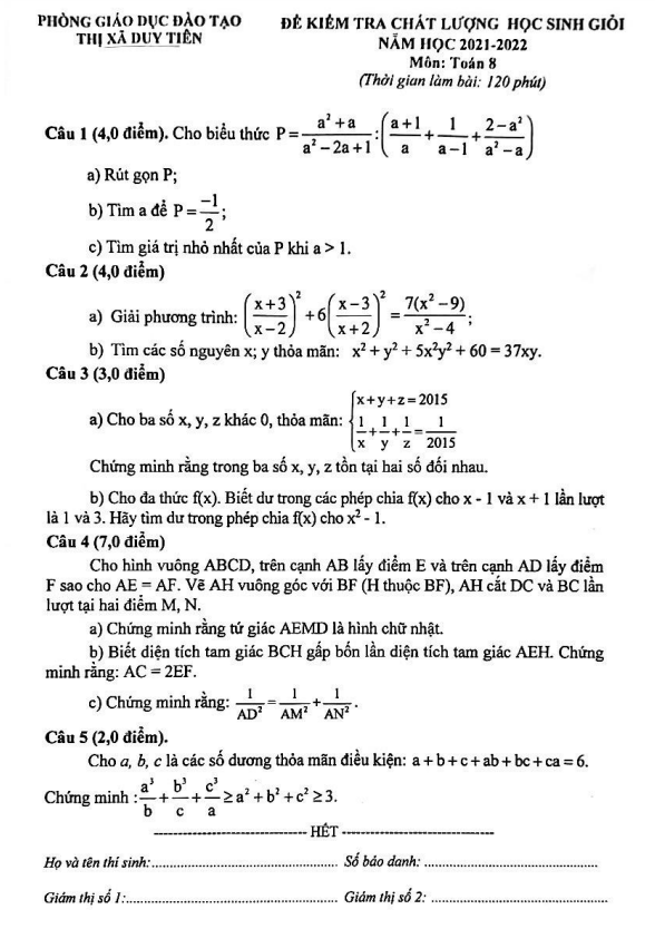 Đề học sinh giỏi lớp 8 môn Toán năm 2021 2022 phòng GD ĐT Duy Tiên Hà Nam