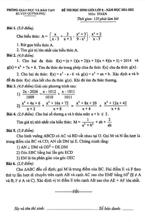 Đề học sinh giỏi lớp 8 môn Toán năm 2021 2022 phòng GD ĐT Quỳnh Phụ Thái Bình