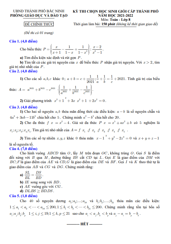 Đề học sinh giỏi lớp 8 môn Toán năm 2021 2022 phòng GD ĐT thành phố Bắc Ninh