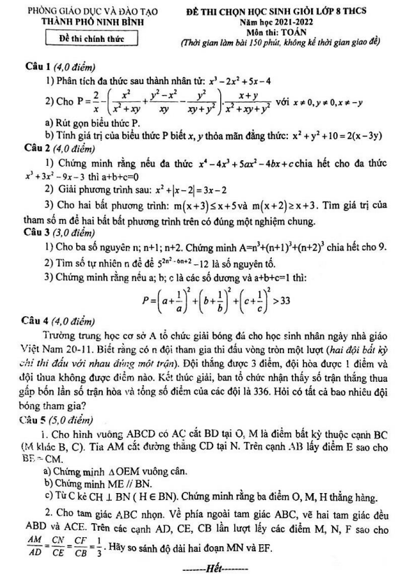 Đề học sinh giỏi lớp 8 môn Toán năm 2021 2022 phòng GD ĐT thành phố Ninh Bình