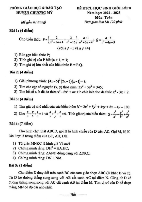 Đề học sinh giỏi lớp 8 môn Toán năm 2022 2023 phòng GD ĐT Chương Mỹ Hà Nội
