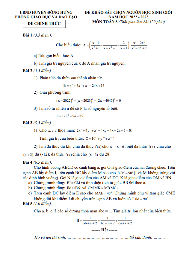 Đề học sinh giỏi lớp 8 môn Toán năm 2022 2023 phòng GD ĐT Đông Hưng Thái Bình