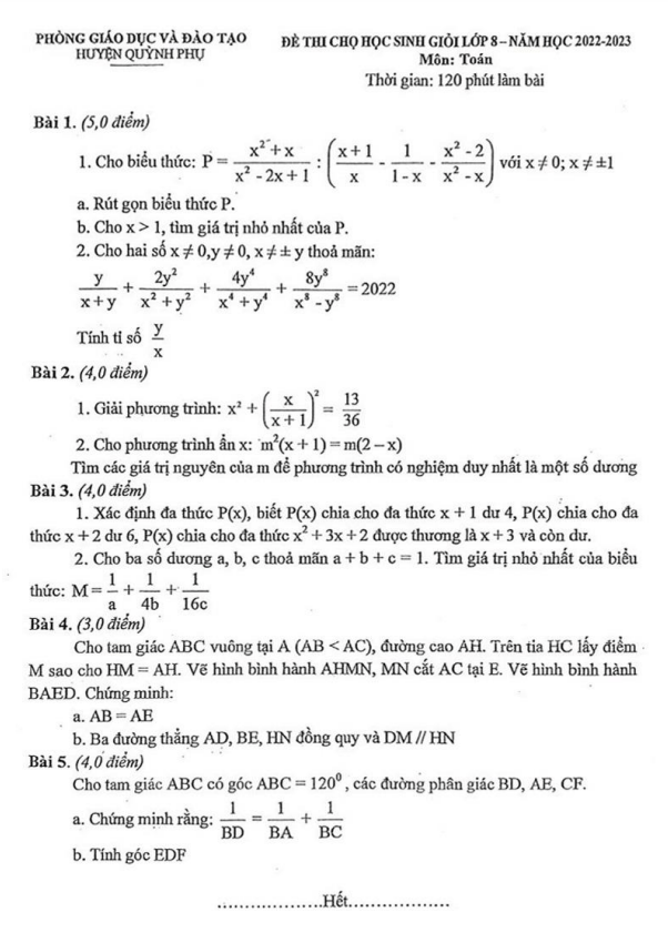 Đề học sinh giỏi lớp 8 môn Toán năm 2022 2023 phòng GD ĐT Quỳnh Phụ Thái Bình
