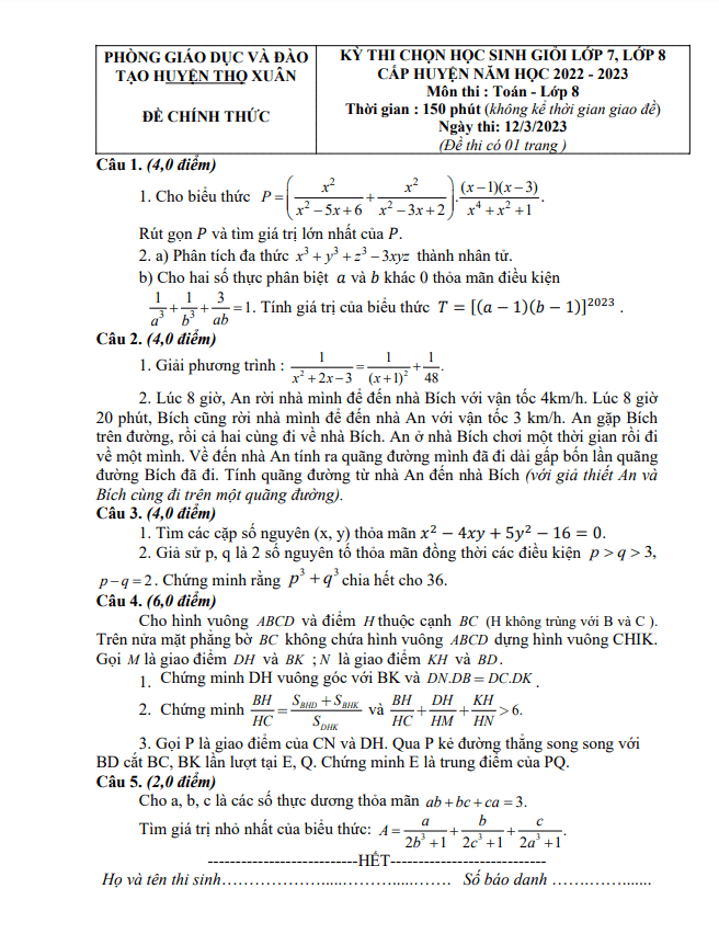 Đề học sinh giỏi lớp 8 môn Toán năm 2022 2023 phòng GD ĐT Thọ Xuân Thanh Hoá