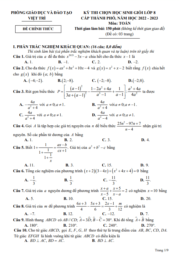 Đề học sinh giỏi lớp 8 môn Toán năm 2022 2023 phòng GD ĐT Việt Trì Phú Thọ