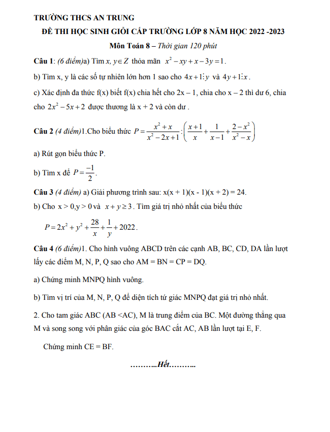 Đề học sinh giỏi lớp 8 môn Toán năm 2022 2023 trường THCS An Trung Nghệ An