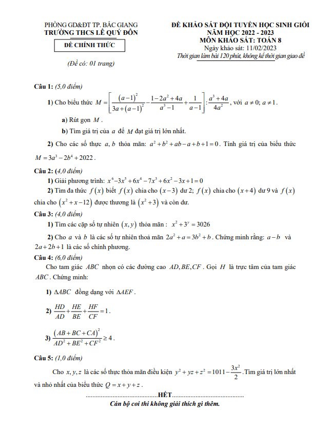 Đề học sinh giỏi lớp 8 môn Toán năm 2022 2023 trường THCS Lê Quý Đôn Bắc Giang