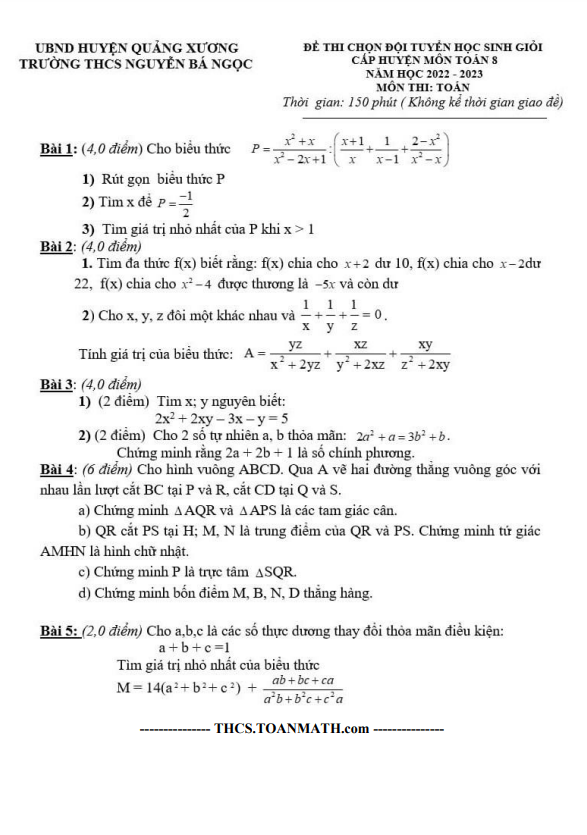 Đề học sinh giỏi lớp 8 môn Toán năm 2022 2023 trường THCS Nguyễn Bá Ngọc Thanh Hoá