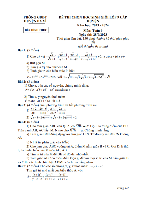 Đề học sinh giỏi lớp 9 môn Toán cấp huyện năm 2023 2024 phòng GD ĐT Ba Vì Hà Nội