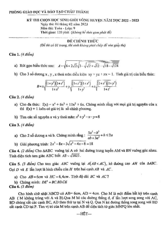 Đề học sinh giỏi lớp 9 môn Toán năm 2022 2023 phòng GD ĐT Châu Thành Bến Tre