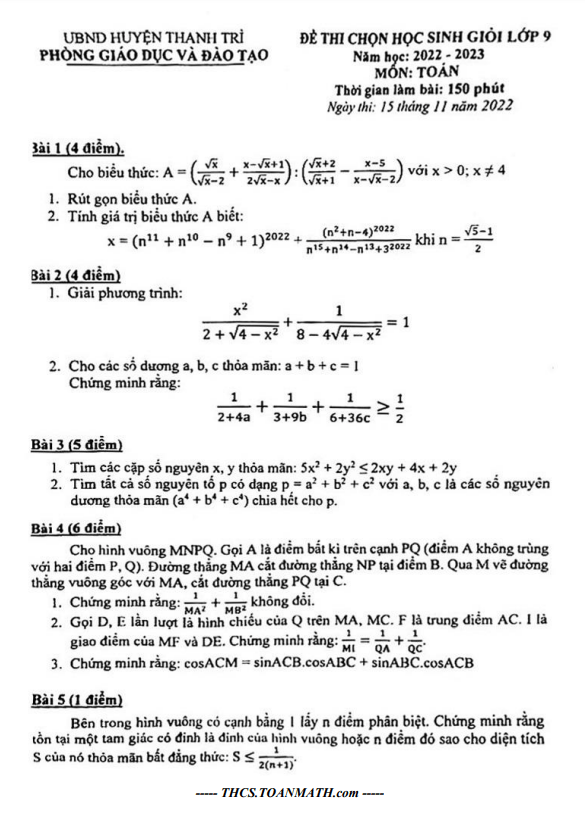 Đề học sinh giỏi lớp 9 môn Toán năm 2022 2023 phòng GD ĐT Thanh Trì Hà Nội