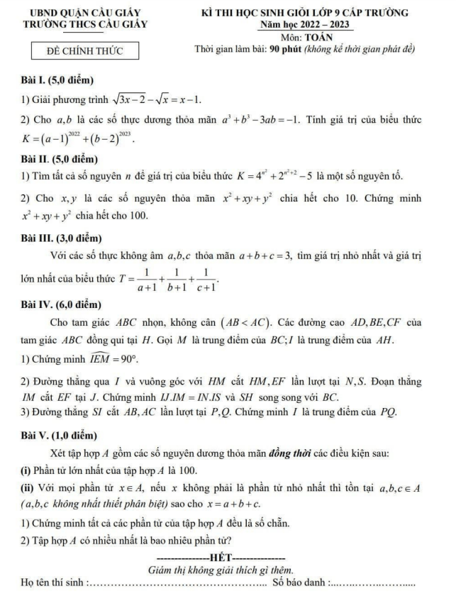 Đề học sinh giỏi lớp 9 môn Toán năm 2022 2023 trường THCS Cầu Giấy Hà Nội