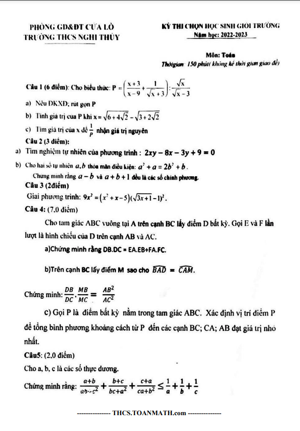 Đề học sinh giỏi lớp 9 môn Toán năm 2022 2023 trường THCS Nghi Thủy Nghệ An