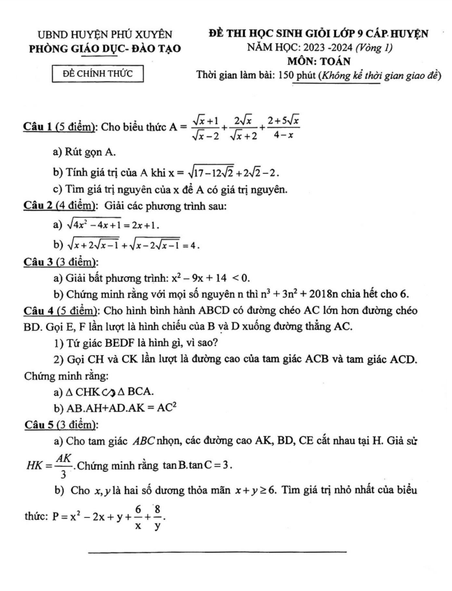 Đề học sinh giỏi lớp 9 môn Toán năm 2023 2024 phòng GD ĐT Phú Xuyên Hà Nội (Vòng 1)