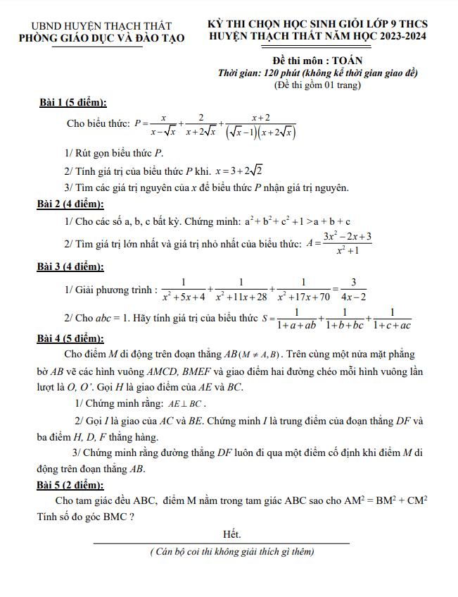 Đề học sinh giỏi lớp 9 môn Toán năm 2023 2024 phòng GD ĐT Thạch Thất Hà Nội