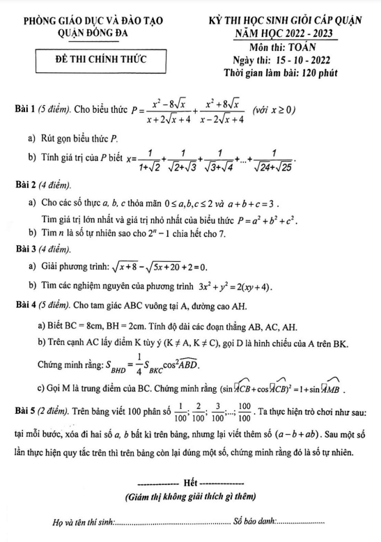 Đề học sinh giỏi Toán cấp quận năm 2022 2023 phòng GD ĐT Đống Đa Hà Nội