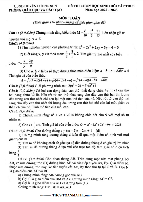 Đề học sinh giỏi Toán THCS năm 2022 2023 phòng GD ĐT Lương Sơn Hòa Bình