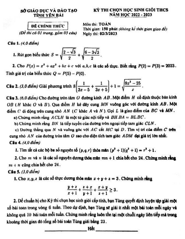 Đề học sinh giỏi Toán THCS năm 2022 2023 sở GD ĐT Yên Bái