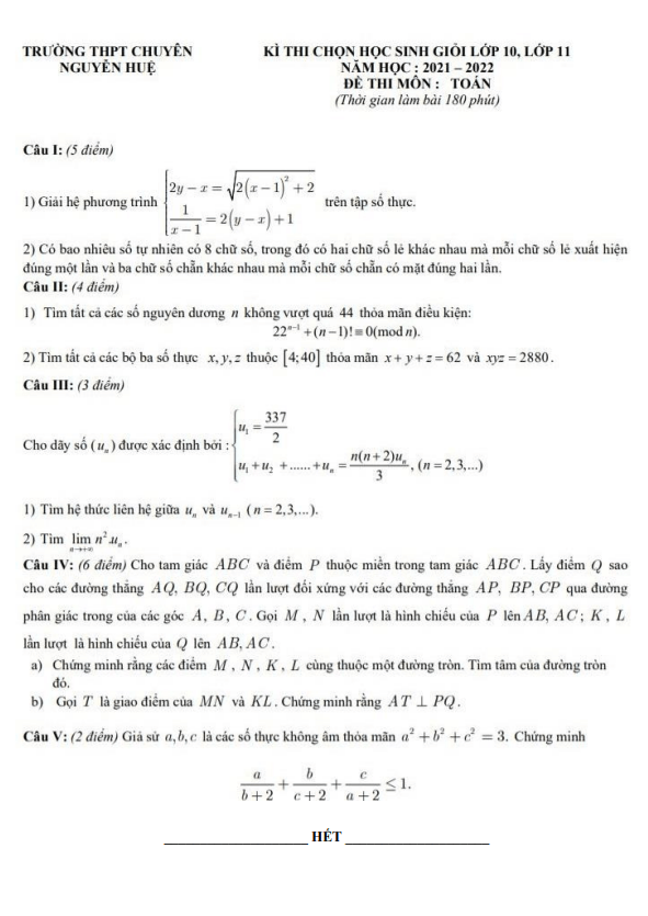 Đề HSG 11 môn Toán năm 2021 2022 trường chuyên Nguyễn Huệ Hà Nội