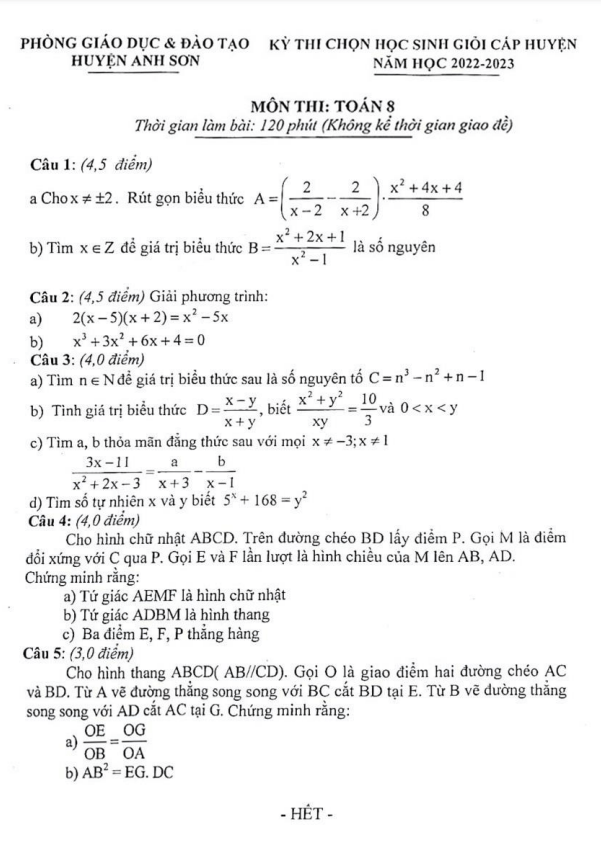 Đề HSG cấp huyện lớp 8 môn Toán năm 2022 2023 phòng GD ĐT Anh Sơn Nghệ An