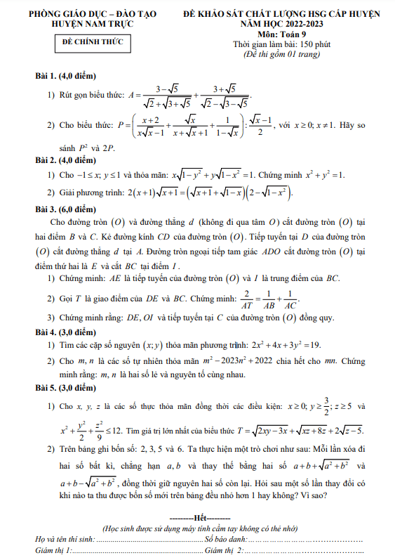 Đề HSG cấp huyện lớp 9 môn Toán năm 2022 2023 phòng GD ĐT Nam Trực Nam Định