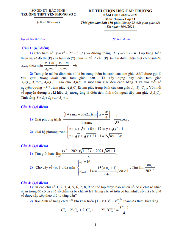 Đề HSG cấp trường lớp 11 môn Toán năm 2020 2021 trường Yên Phong 2 Bắc Ninh