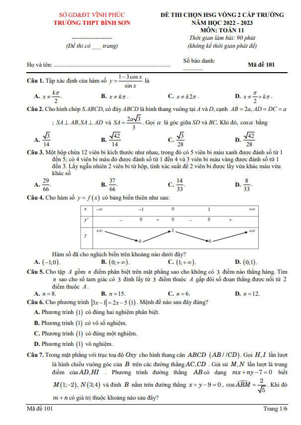 Đề HSG cấp trường lớp 11 môn Toán vòng 2 năm 2022 2023 trường THPT Bình Sơn Vĩnh Phúc