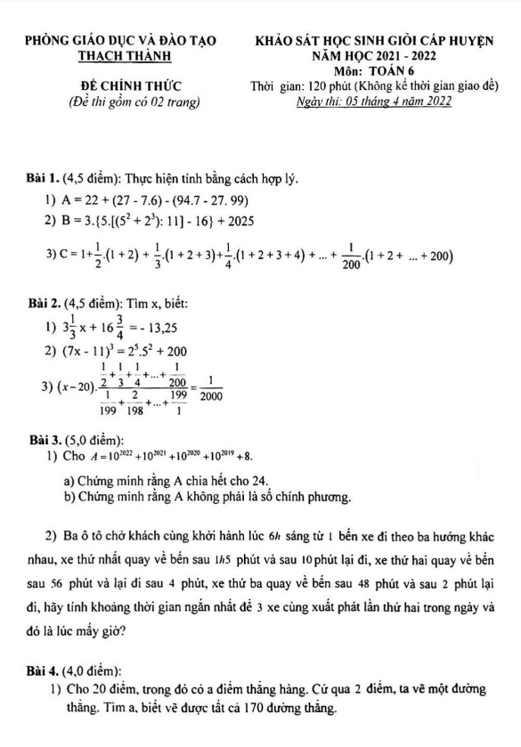 Đề HSG huyện lớp 6 môn Toán năm 2021 2022 phòng GD ĐT Thạch Thành Thanh Hóa