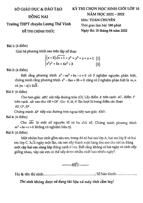 Đề HSG lớp 10 môn Toán năm 2021 2022 trường chuyên Lương Thế Vinh Đồng Nai