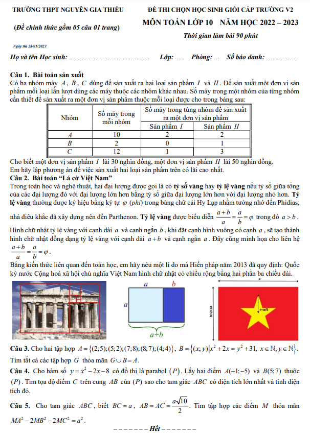 Đề HSG lớp 10 môn Toán vòng 2 năm 2022 2023 trường THPT Nguyễn Gia Thiều Hà Nội