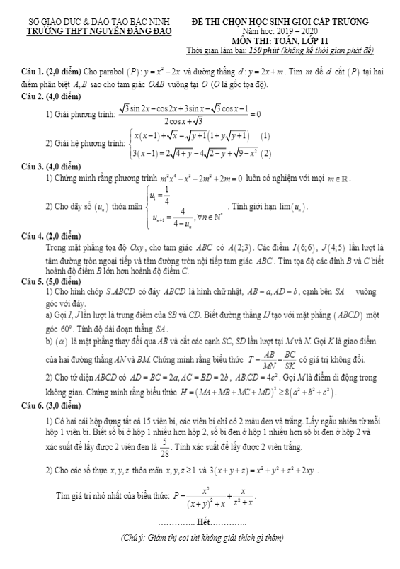 Đề HSG lớp 11 môn Toán cấp trường năm 2019 2020 trường Nguyễn Đăng Đạo Bắc Ninh
