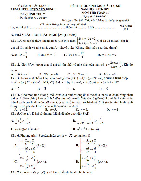 Đề HSG lớp 11 môn Toán năm 2020 2021 cụm THPT huyện Yên Dũng Bắc Giang