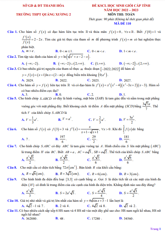 Đề HSG lớp 12 môn Toán lần 2 năm 2022 2023 trường THPT Quảng Xương 2 Thanh Hóa