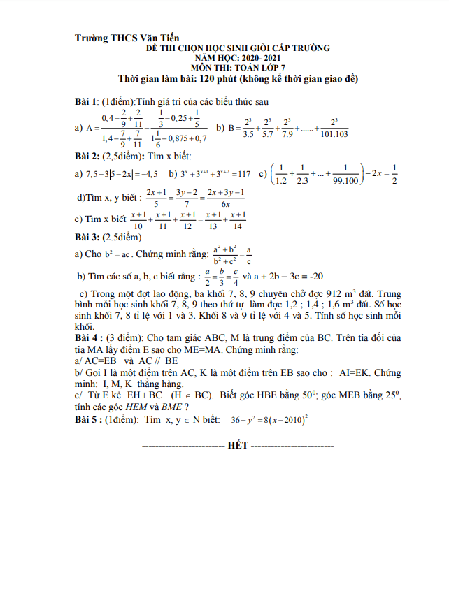 Đề HSG lớp 7 môn Toán cấp trường năm 2020 2021 trường THCS Văn Tiến Vĩnh Phúc
