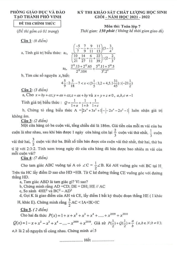 Đề HSG lớp 7 môn Toán năm 2021 2022 phòng GD ĐT thành phố Vinh Nghệ An