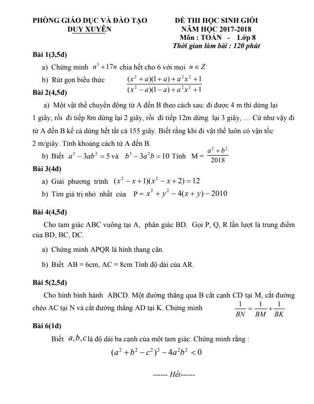Đề HSG lớp 8 môn Toán năm 2017 2018 phòng GD ĐT Duy Xuyên Quảng Nam