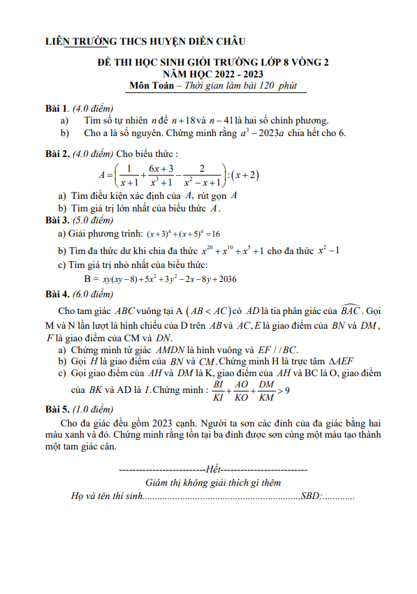 Đề HSG lớp 8 môn Toán vòng 2 năm 2022 2023 liên trường THCS huyện Diễn Châu Nghệ An