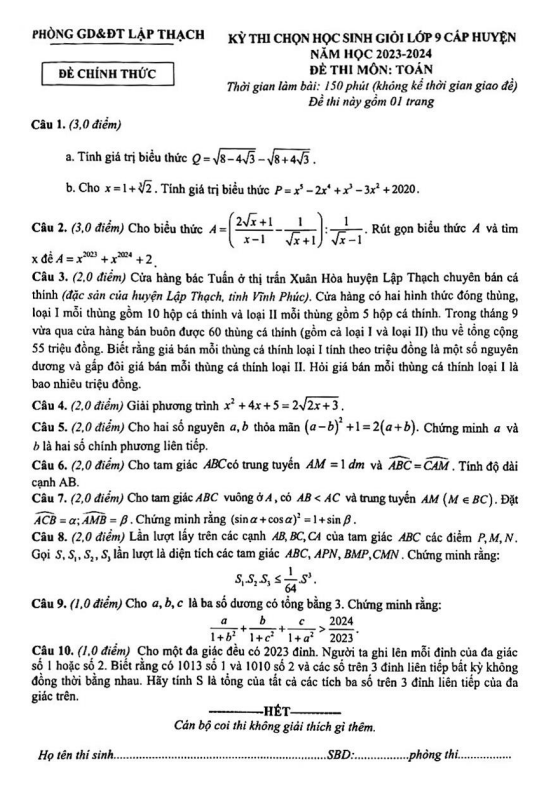 Đề HSG lớp 9 môn Toán cấp huyện năm 2023 2024 phòng GD ĐT Lập Thạch Vĩnh Phúc