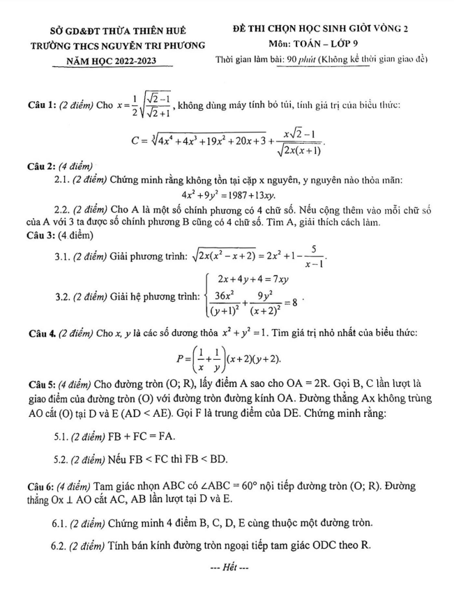 Đề HSG lớp 9 môn Toán vòng 2 năm 2022 2023 trường THCS Nguyễn Tri Phương TT Huế